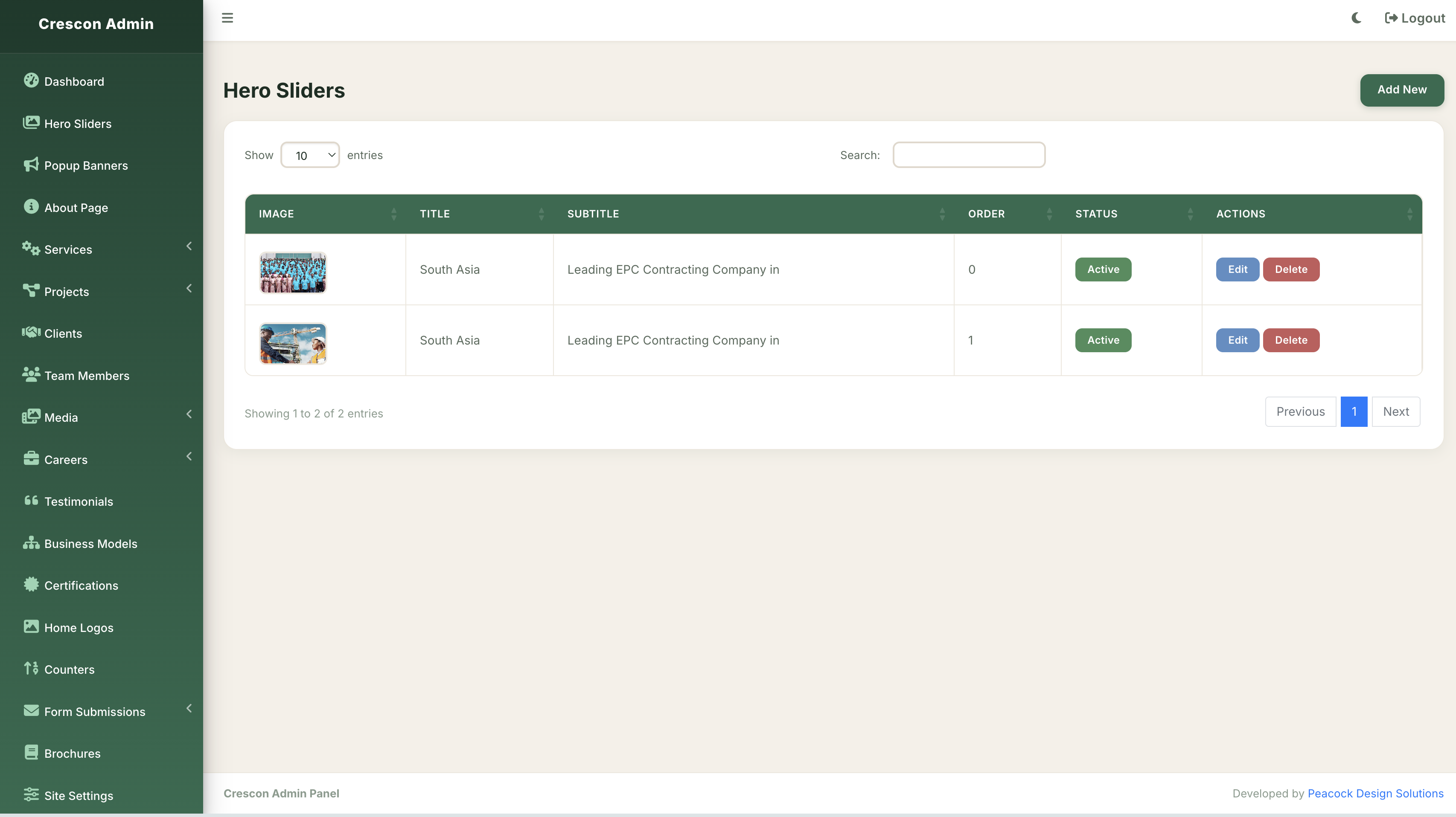 Crescon admin panel hero slider management