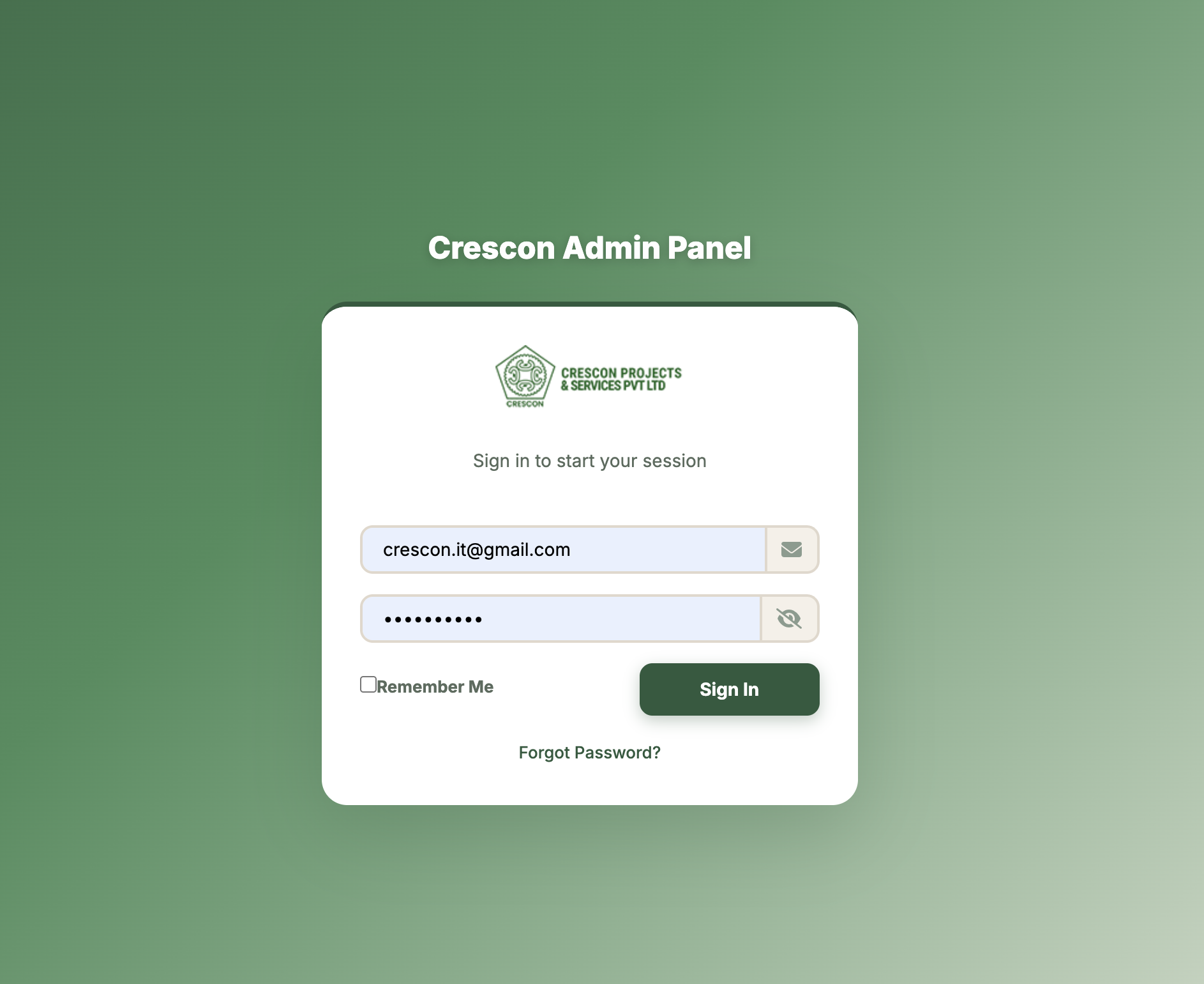 Crescon admin panel login screen