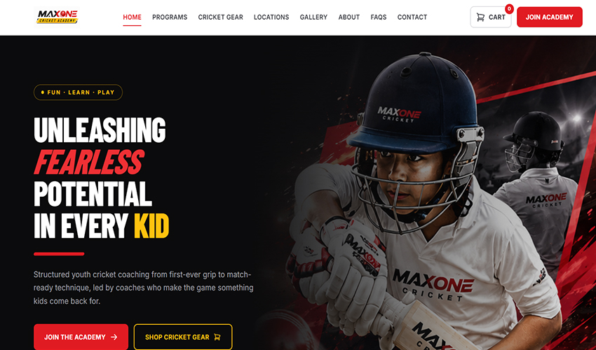 MaxOne Cricket Coaching website after the upgrade