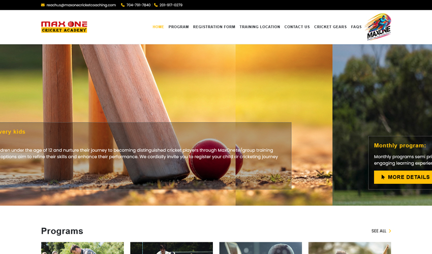 MaxOne Cricket Coaching website before the upgrade
