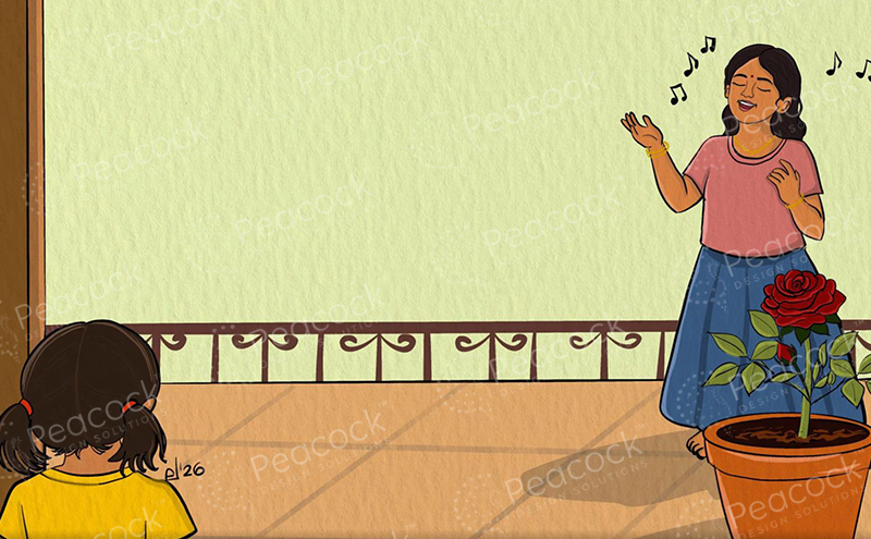 A girl sings on a balcony while her younger sister watches, beside a potted rose