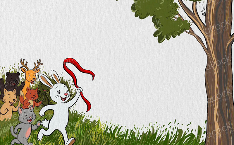 A rabbit runs with a red ribbon as forest animals cheer from the bushes