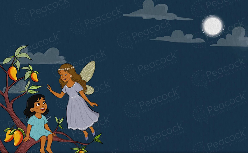 A girl sits in a mango tree at night talking to a winged fairy under a full moon