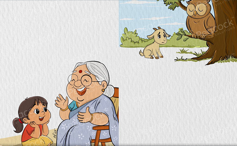 A grandmother tells a story to her granddaughter, with the tale shown in an inset panel above