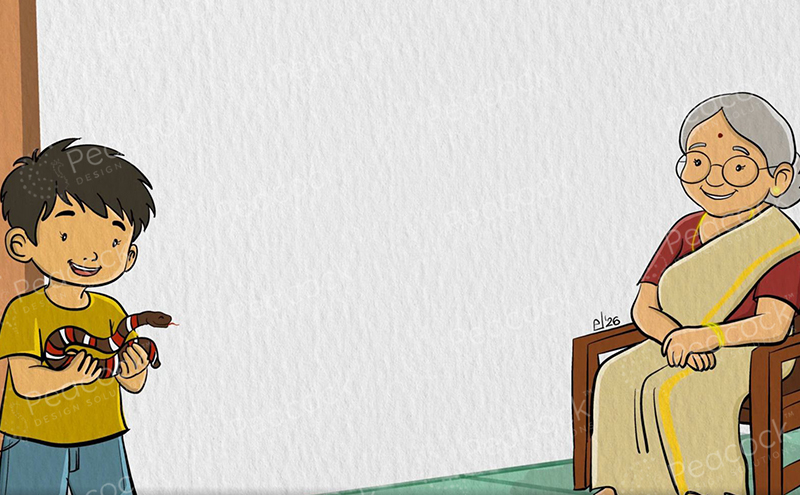 A boy shows a toy snake to his grandmother seated in a wooden chair