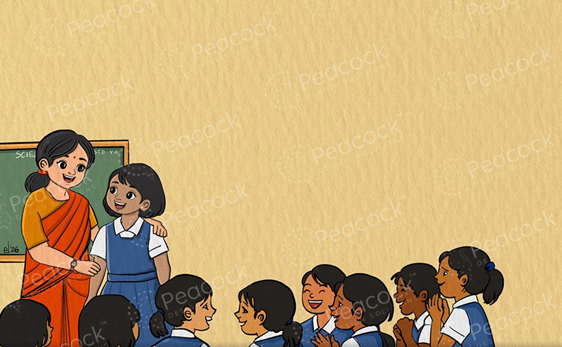 A teacher praises a student at the blackboard while classmates look on