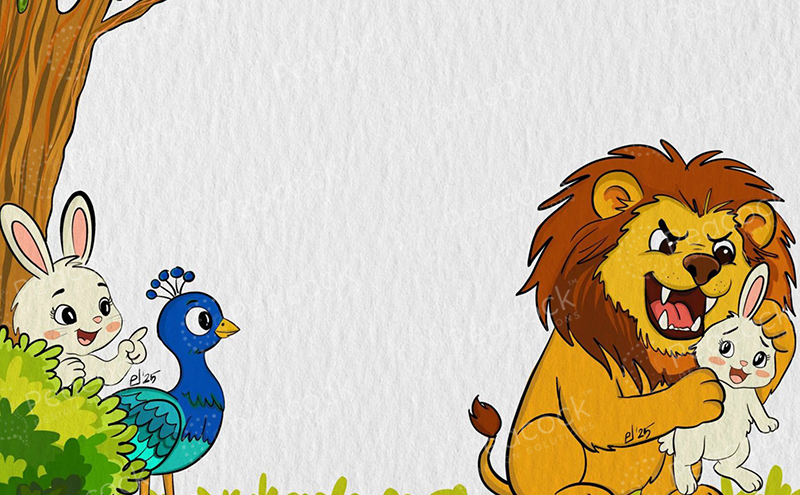 A lion holds a rabbit while a peacock and another rabbit watch from behind a bush