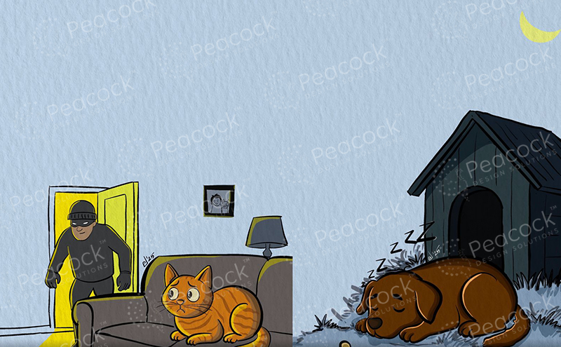 A burglar creeps through a door past a wide-eyed cat while the guard dog sleeps outside
