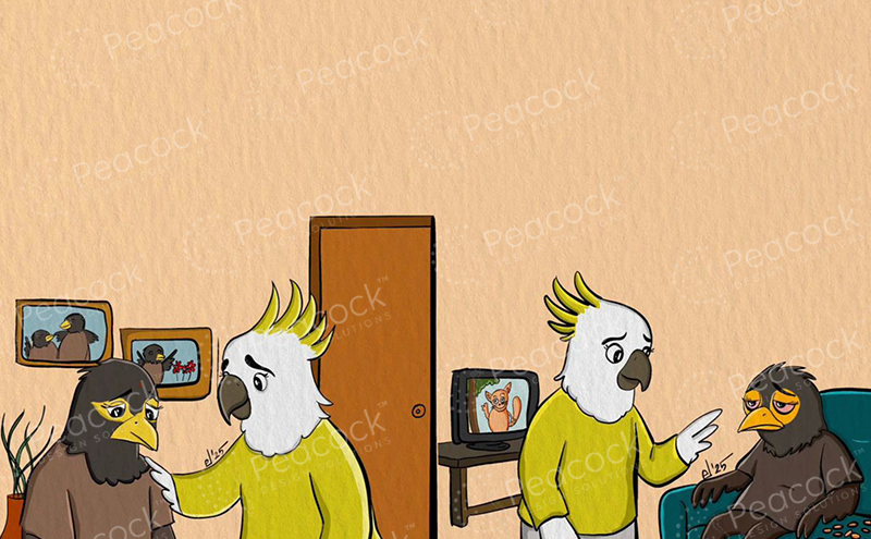 Cockatoos and eagles dressed as a family argue in a living room
