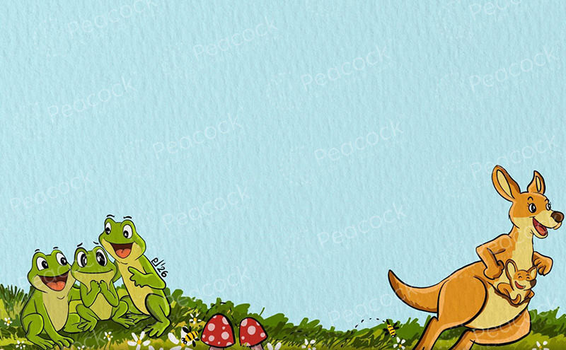 Three frogs sit in the grass as a kangaroo carrying a joey bounds past