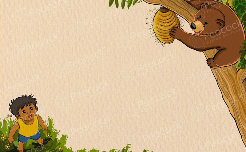 A bear climbs a tree towards a beehive while a boy watches from the bushes below