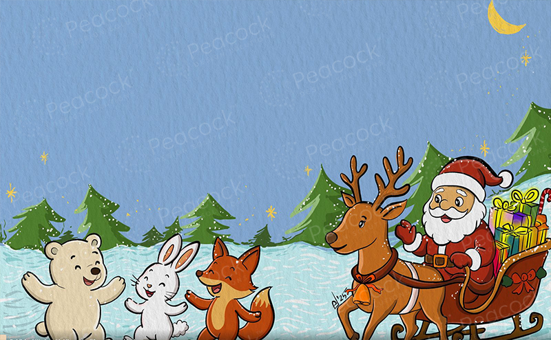 Father Christmas rides a reindeer sleigh past a polar bear, rabbit and fox in the snow
