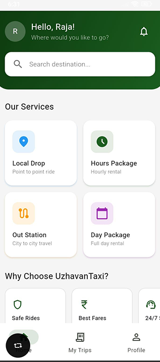 Uzhavan Taxi rider app booking screen with pickup and drop