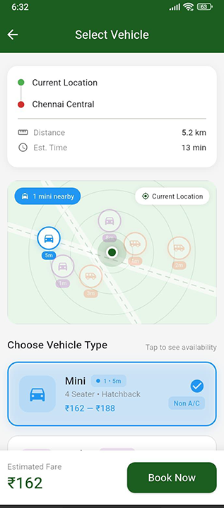 Uzhavan Taxi vehicle selection and fare estimate screen