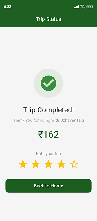 Uzhavan Taxi trip summary payment and rating screen