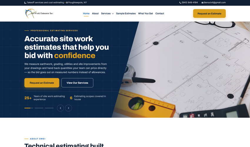 Site Work Estimator Inc website after the upgrade